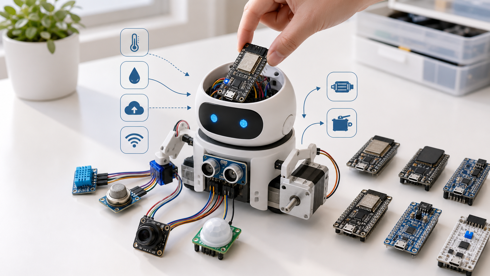 센서와 모터를 제어하는 로봇형 IoT 장치의 머리 부분에 Wi-Fi 컨트롤 보드를 교체 장착하는 개발보드 대표 이미지
