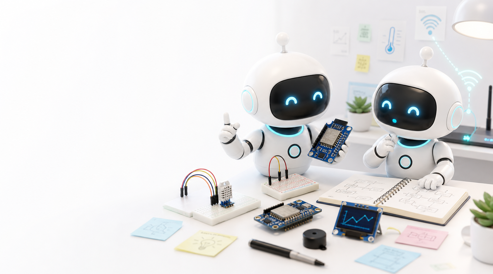 두 IoT Hub 마스코트가 보드와 센서를 보며 이야기하는 이미지