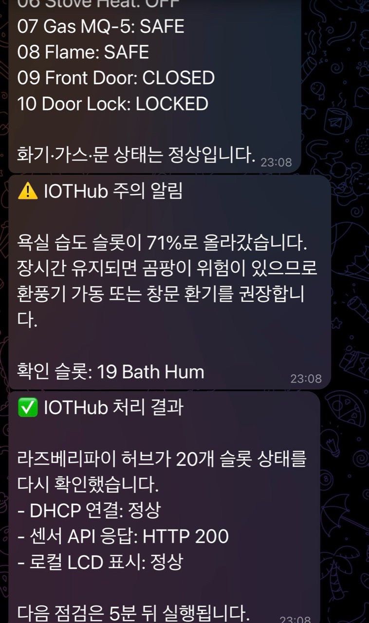 라즈베리파이 홈 IoT 허브가 텔레그램으로 센서 상태와 주의 알림을 보낸 테스트 화면